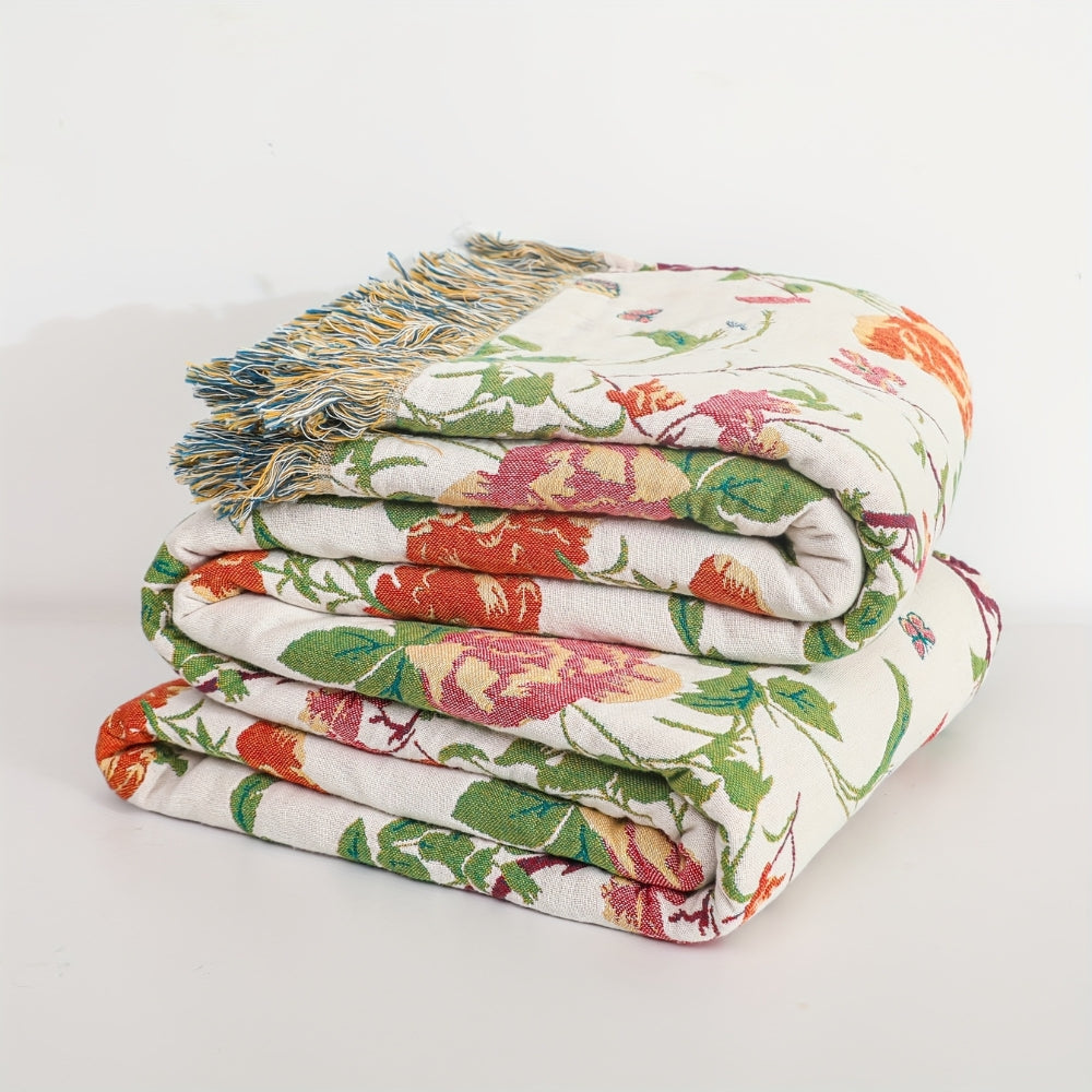 Reversible Floral Cotton Blanket with Decorative Tassels