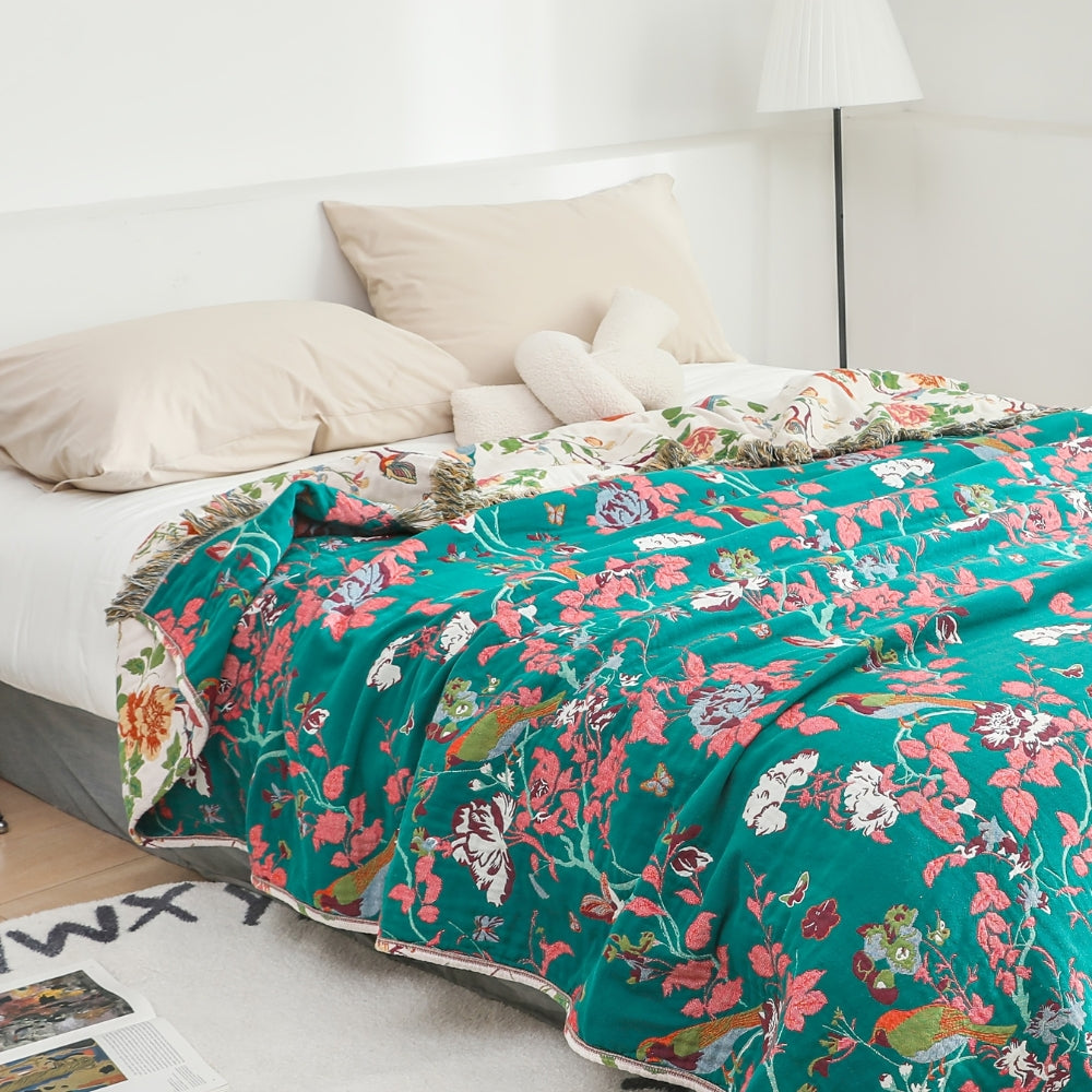 Reversible Floral Cotton Blanket with Decorative Tassels