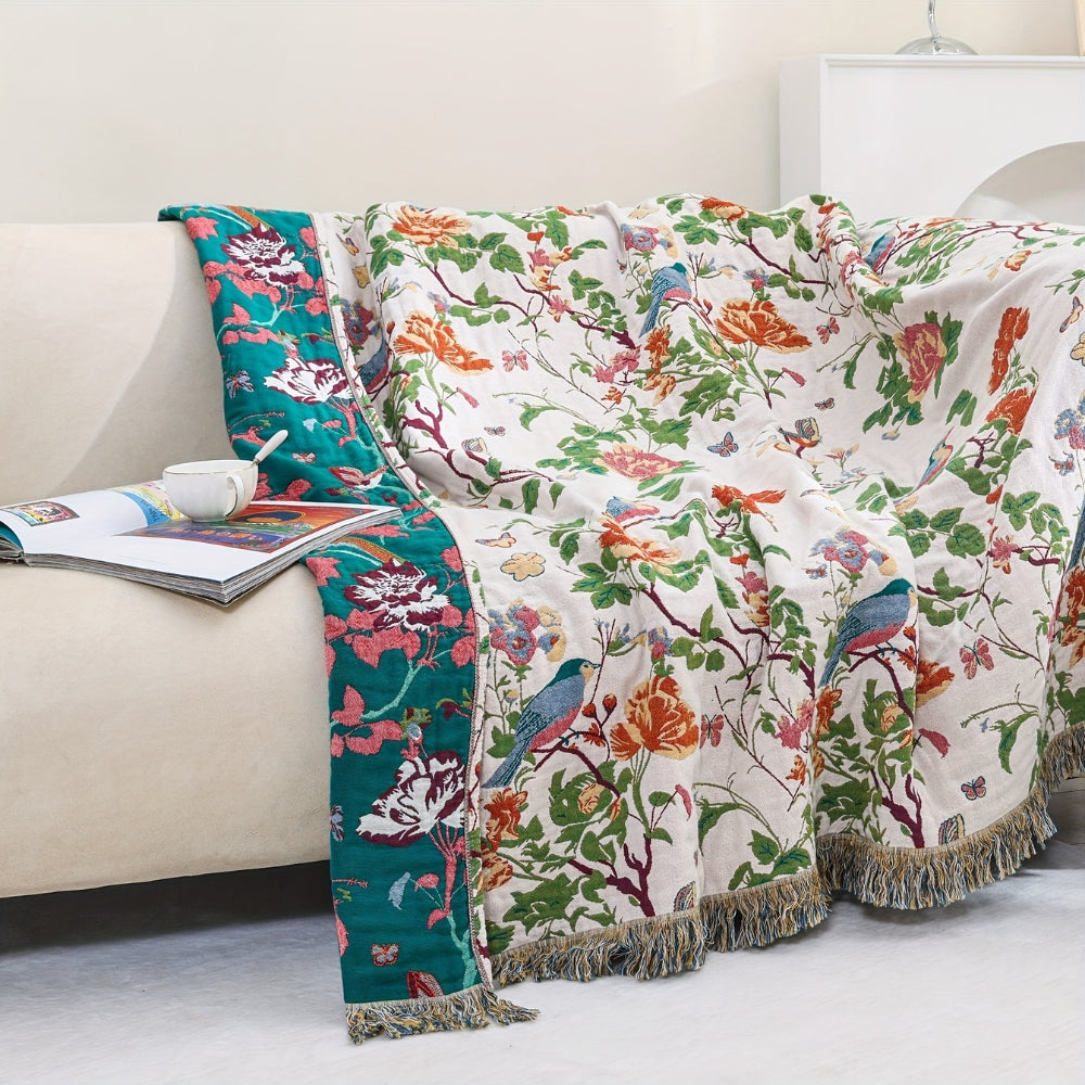 Reversible Floral Cotton Blanket with Decorative Tassels
