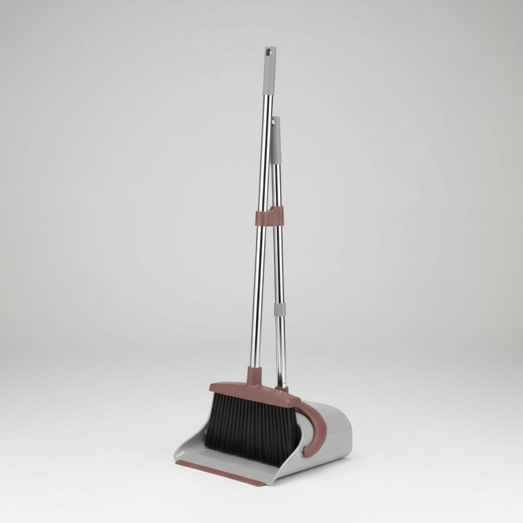 Self-Cleaning Broom and Dustpan Set with Adjustable Handle