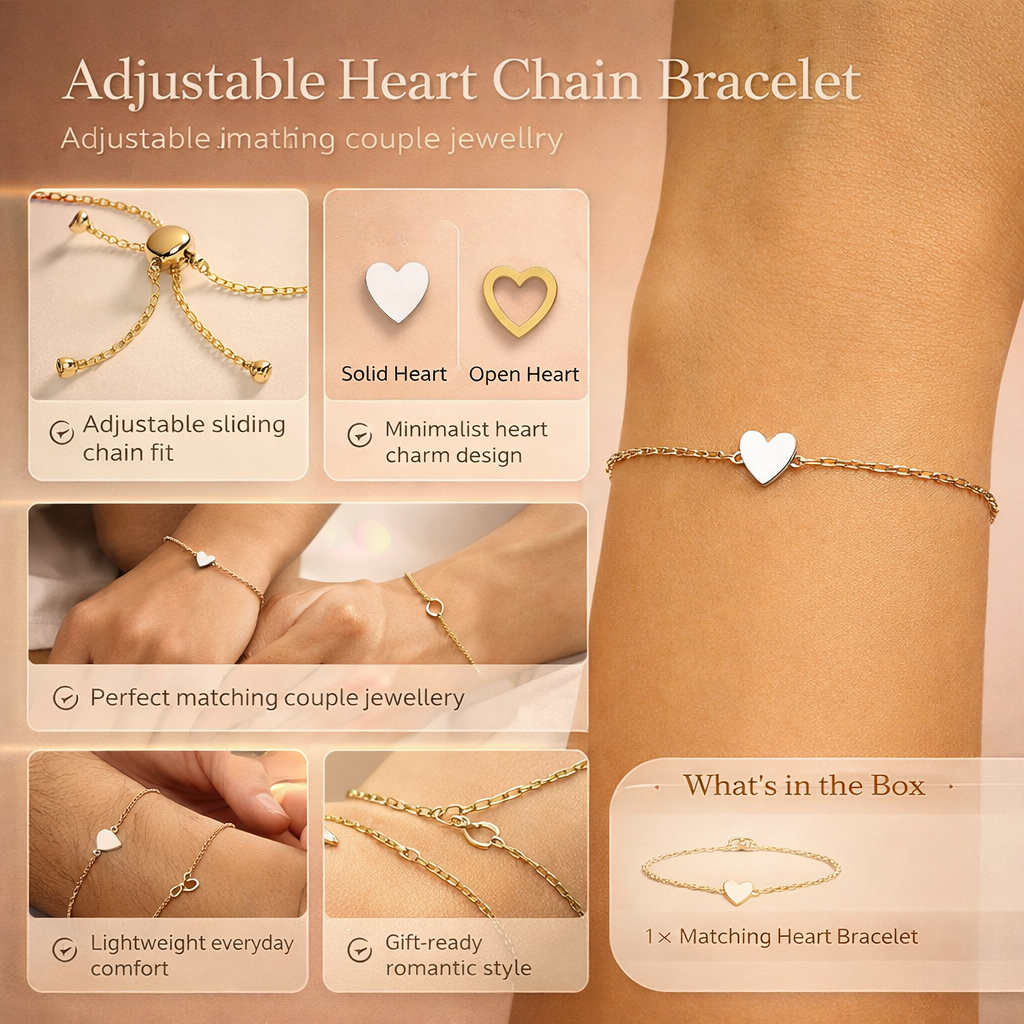 Adjustable Heart Chain Bracelet for Couples - Gold & Silver