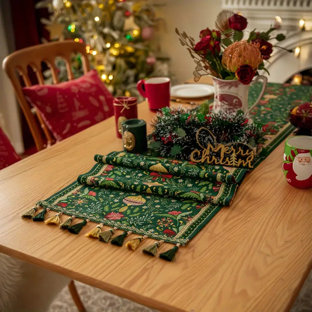 Botanical Holiday Table Runner with Tassels