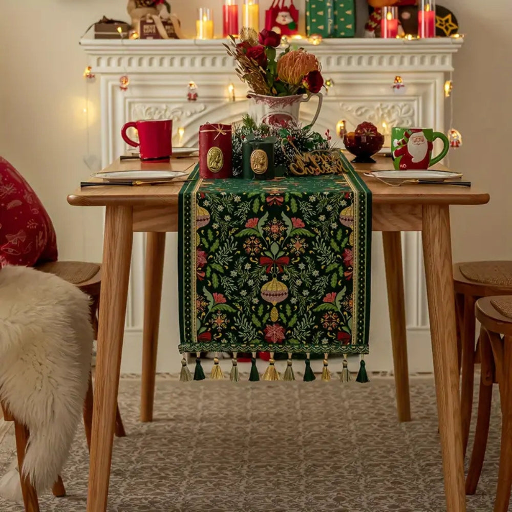 Botanical Holiday Table Runner with Tassels