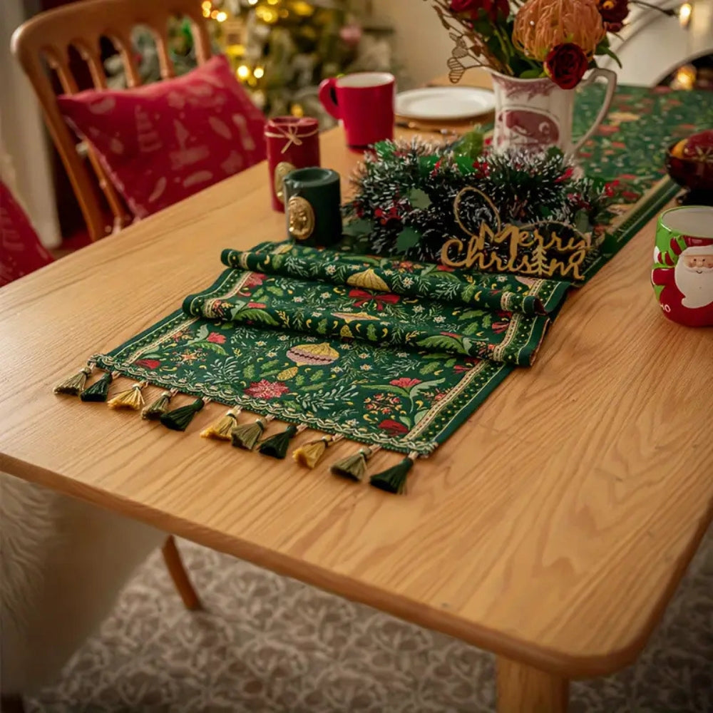 Botanical Holiday Table Runner with Tassels