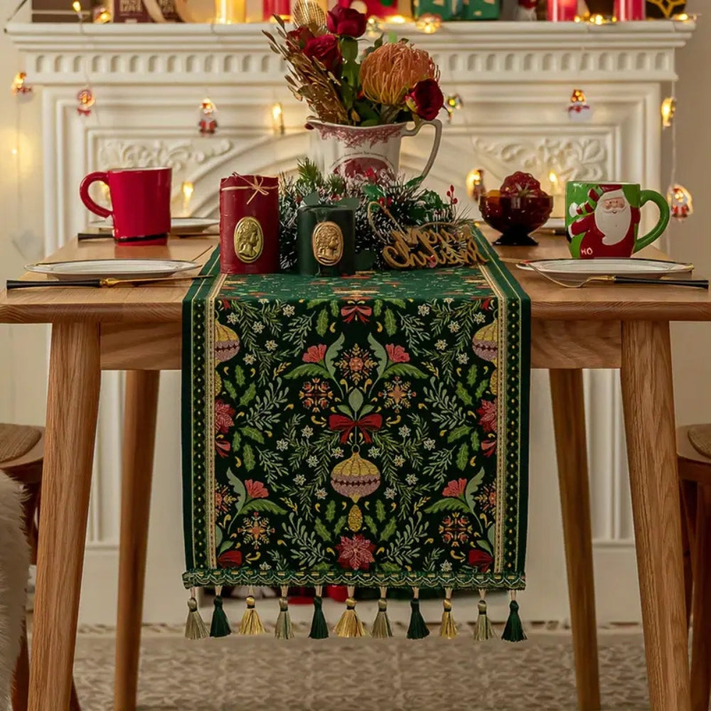 Botanical Holiday Table Runner with Tassels