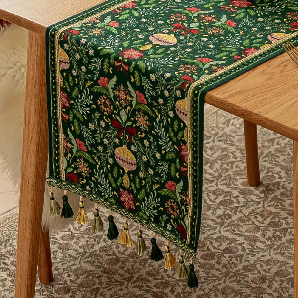 Botanical Holiday Table Runner with Tassels