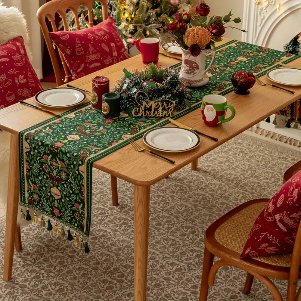 Botanical Holiday Table Runner with Tassels