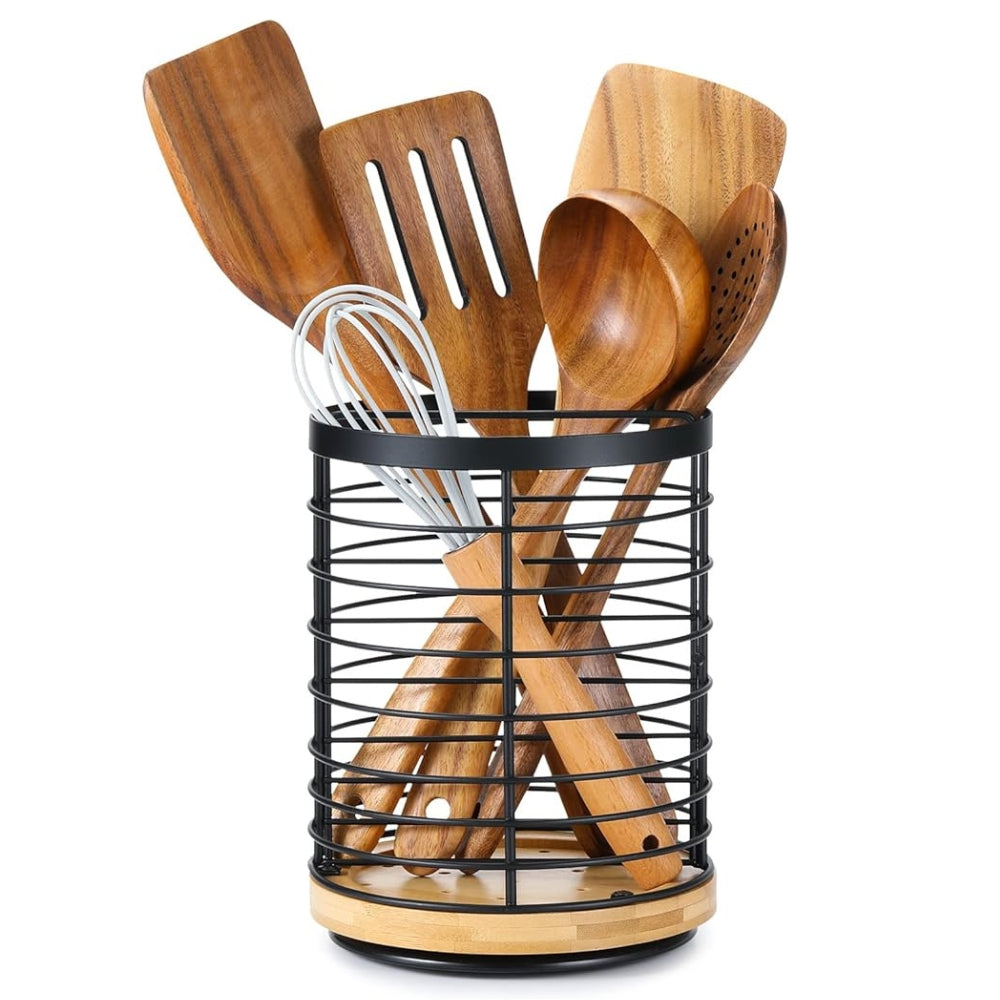 360-Degree Rotating Kitchen Utensil Holder with Wooden Base