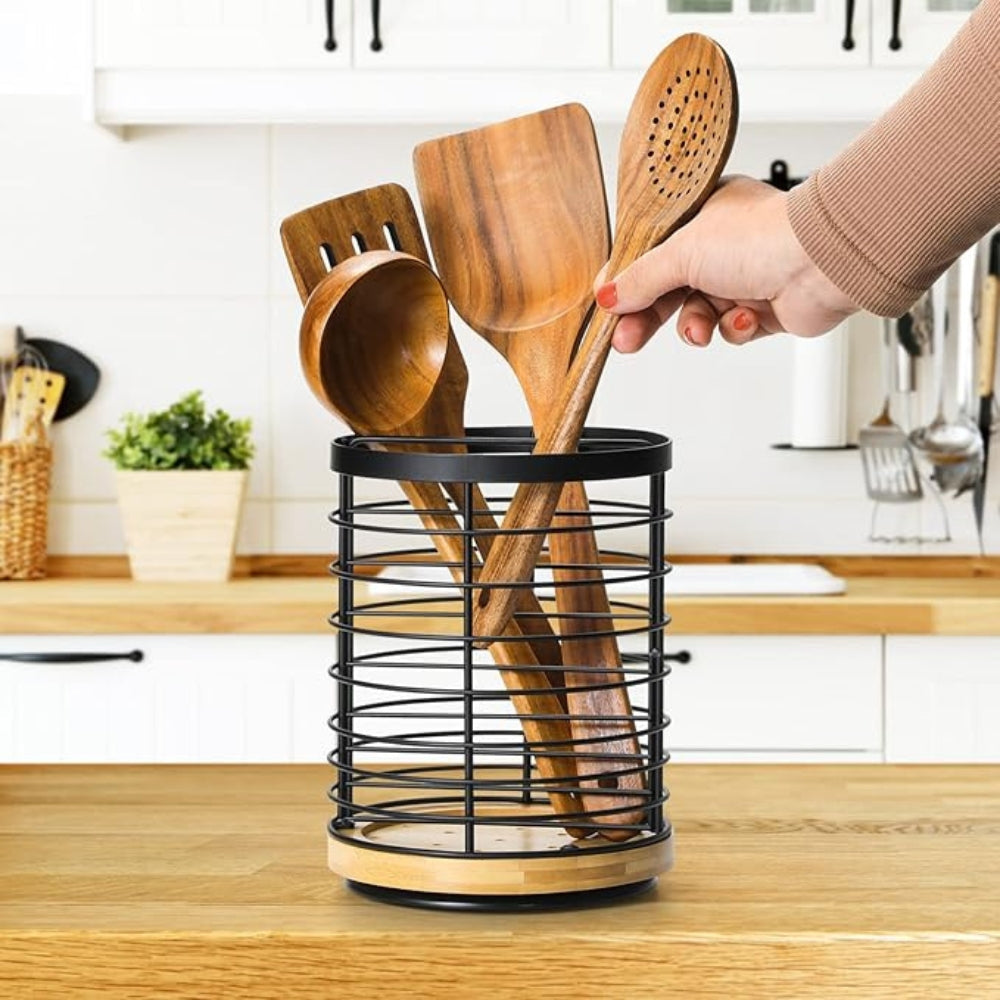 360-Degree Rotating Kitchen Utensil Holder with Wooden Base