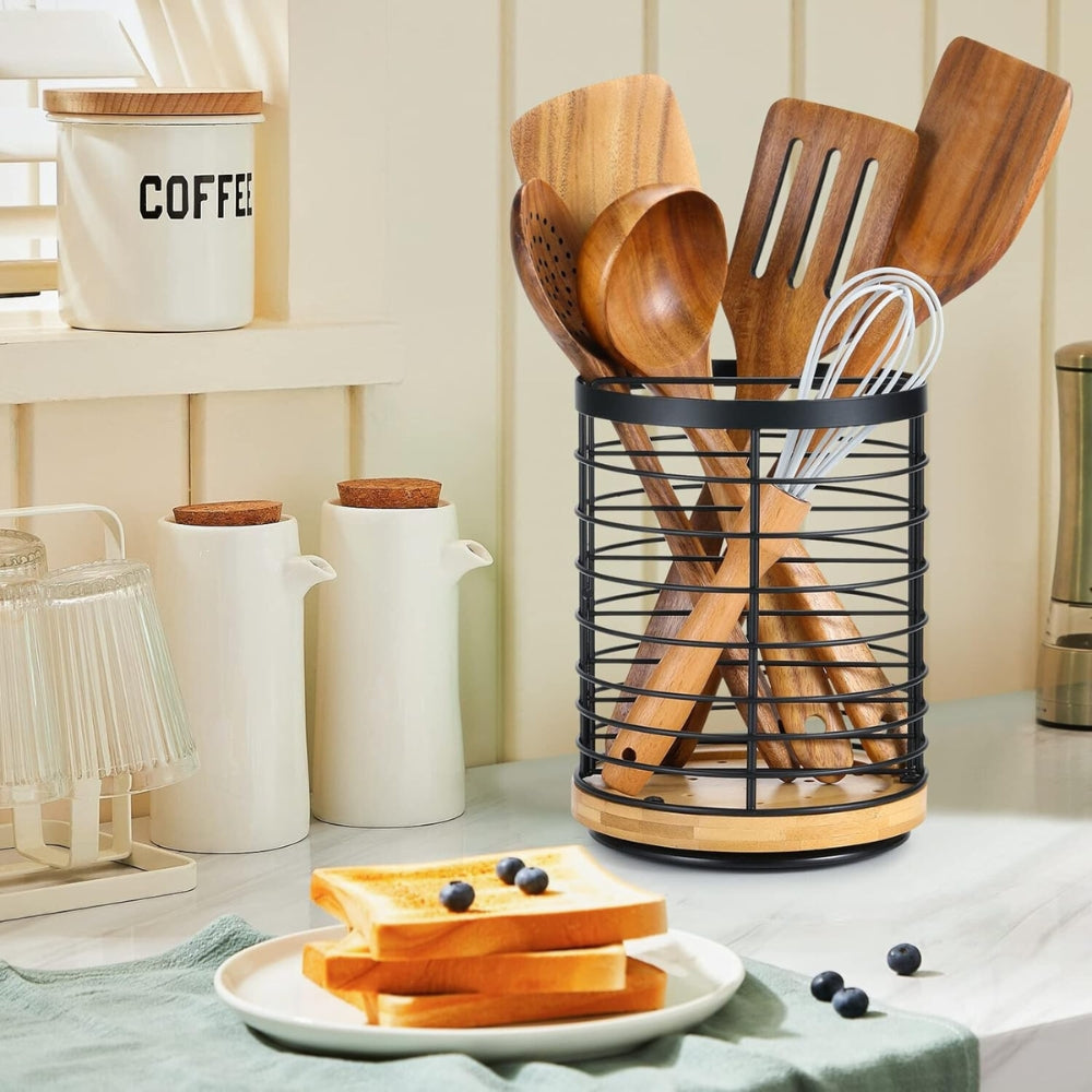 360-Degree Rotating Kitchen Utensil Holder with Wooden Base