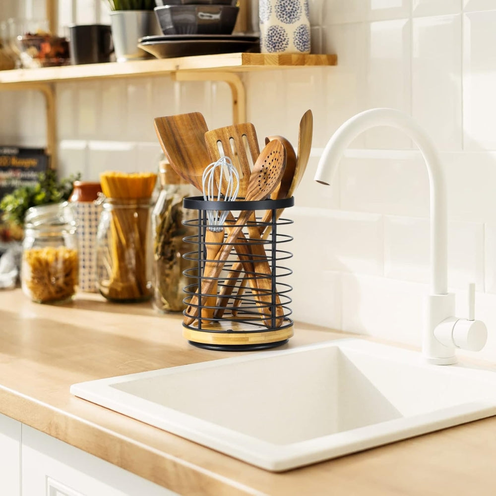 360-Degree Rotating Kitchen Utensil Holder with Wooden Base