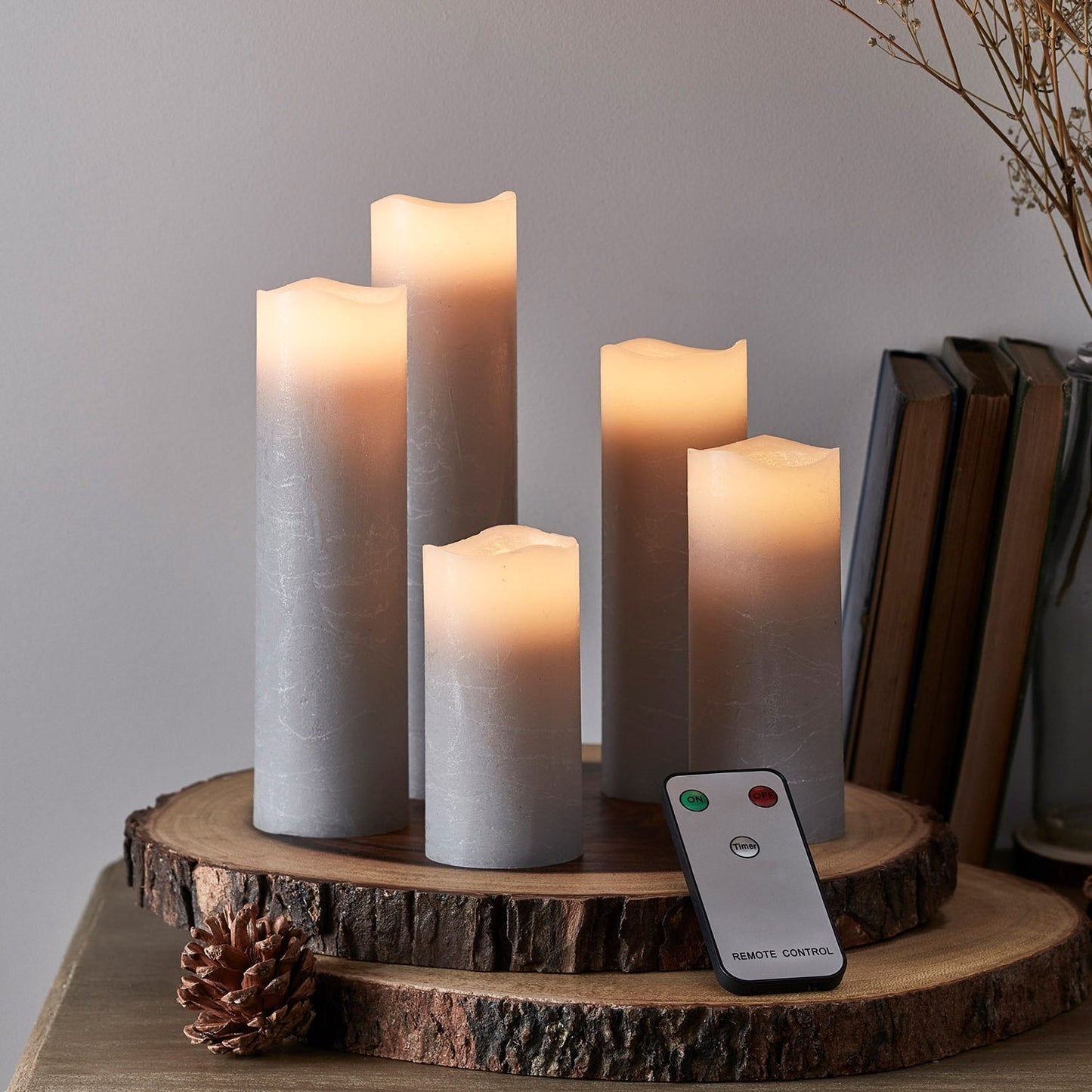 Remote-Controlled Gray Pillar Candles Set with Timer