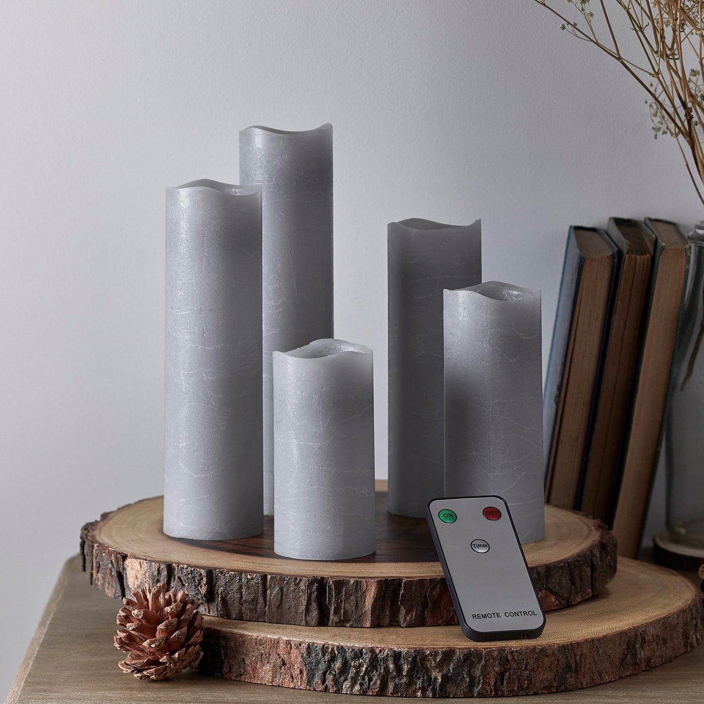 Remote-Controlled Gray Pillar Candles Set with Timer
