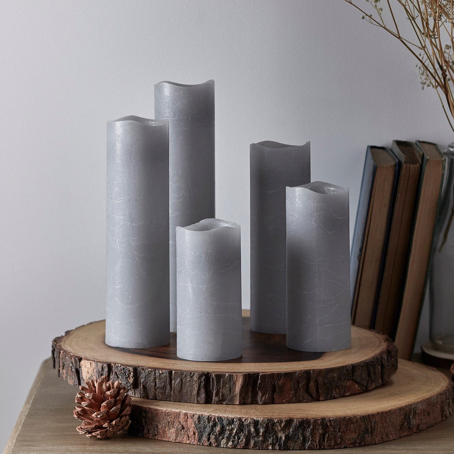 Remote-Controlled Gray Pillar Candles Set with Timer