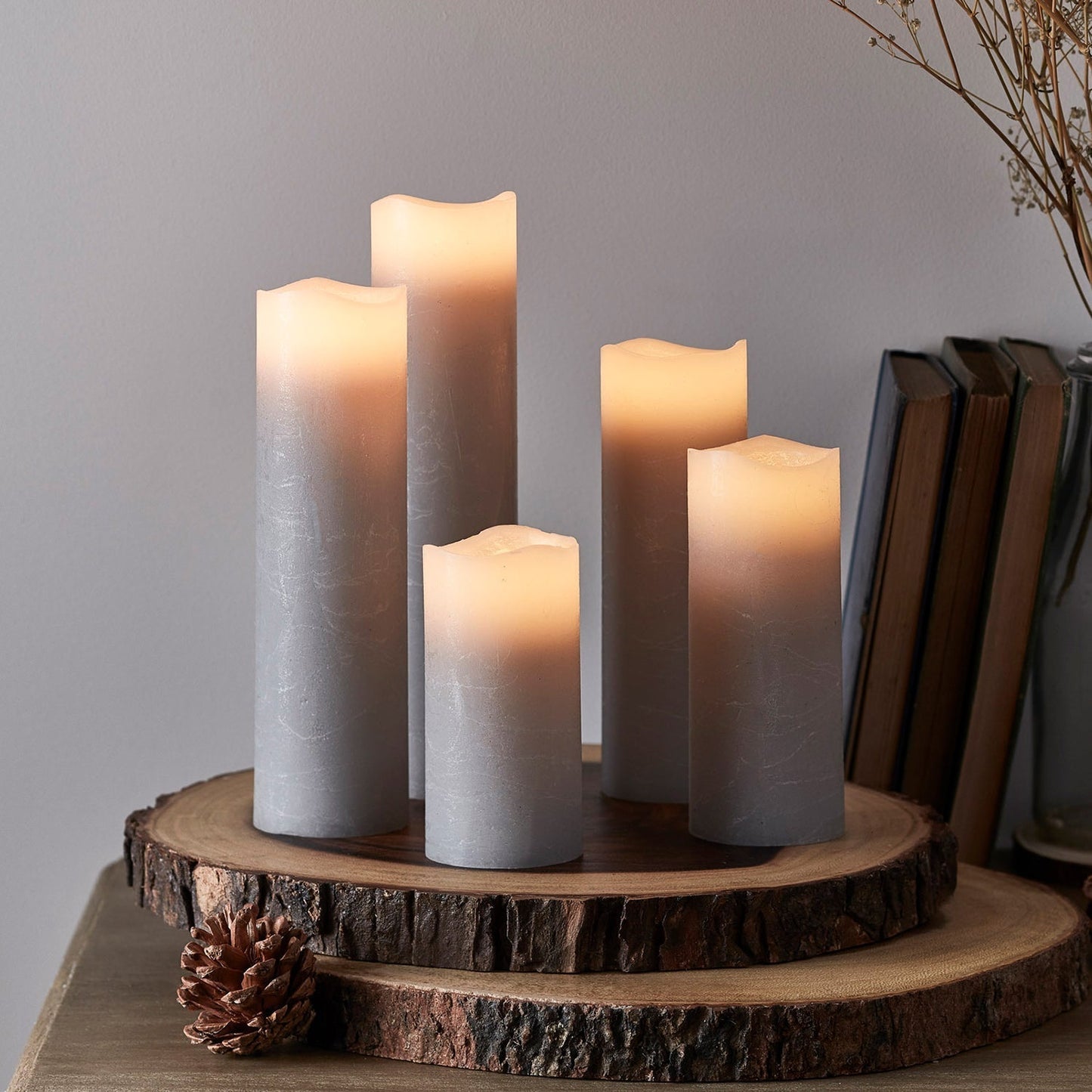 Remote-Controlled Gray Pillar Candles Set with Timer