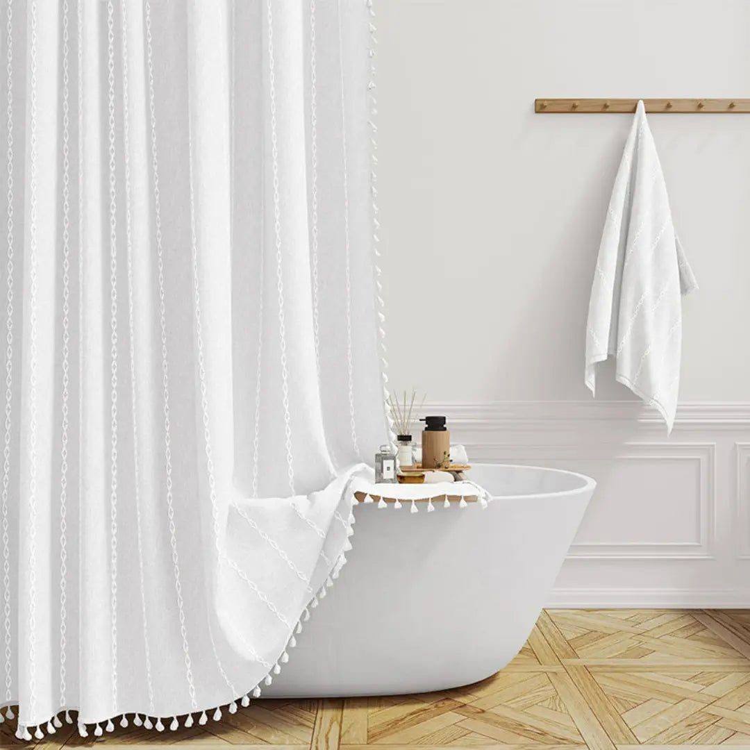 Boho Linen Shower Curtain with Tassels and Waterproof Design