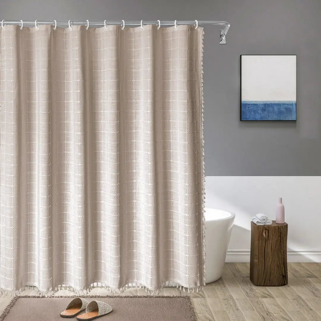 Boho Linen Shower Curtain with Tassels and Waterproof Design