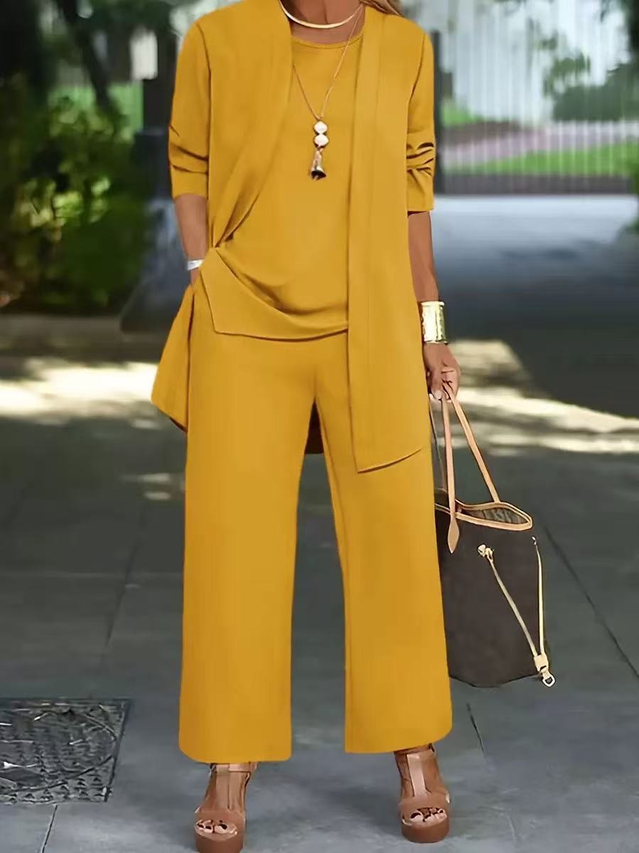 Three-Piece Casual Outfit Set with Long Cardigan and Wide Trousers