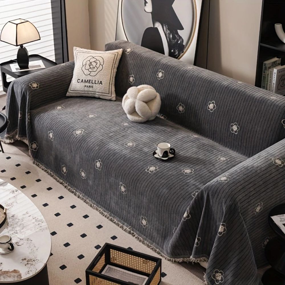 Embroidered Camellia Bloom Chenille Sofa Cover