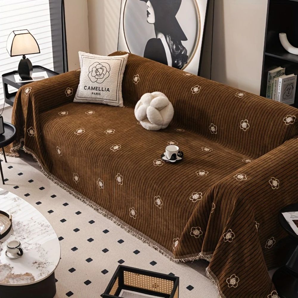 Embroidered Camellia Bloom Chenille Sofa Cover