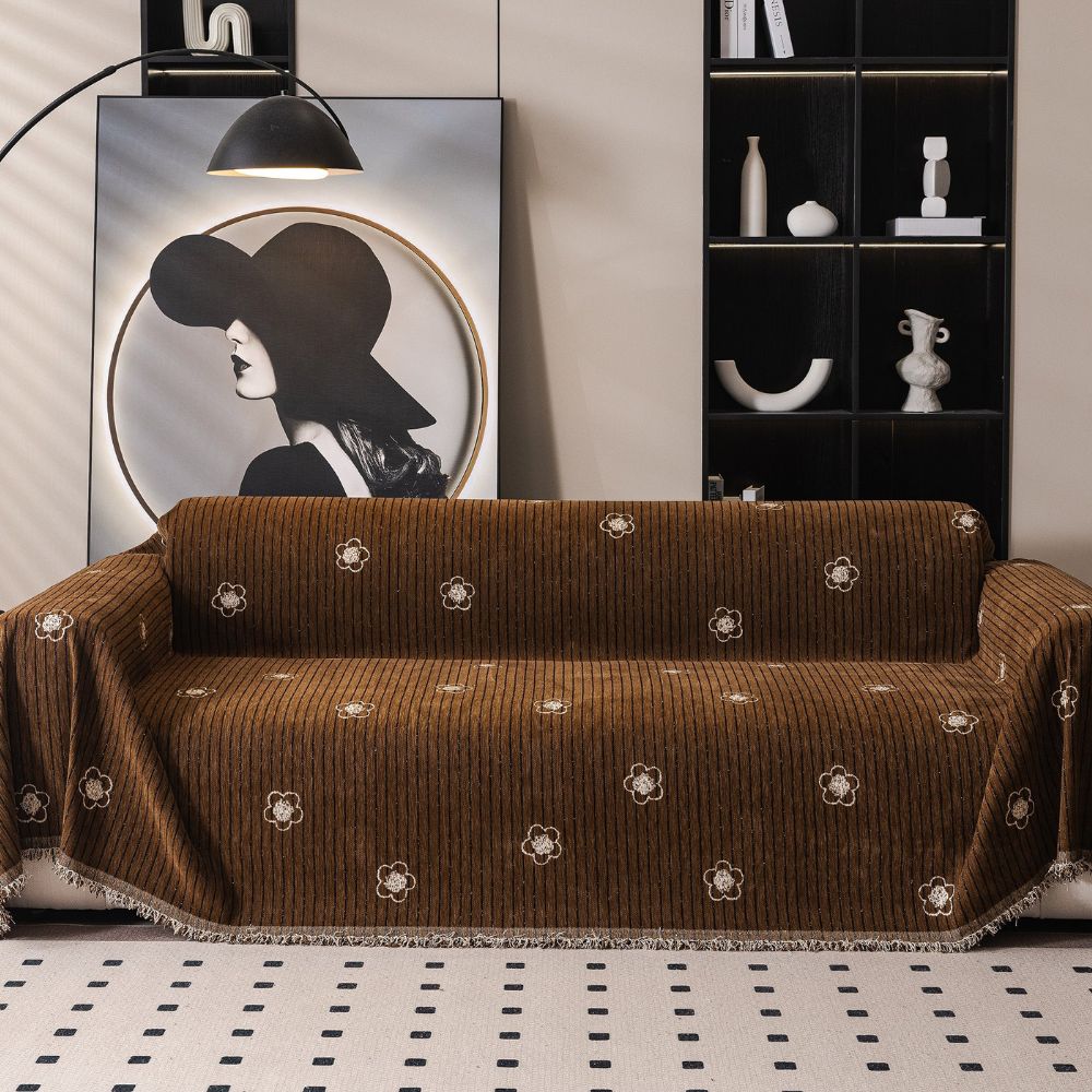 Embroidered Camellia Bloom Chenille Sofa Cover