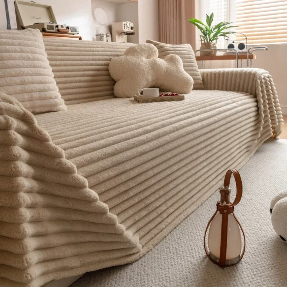 Plush Striped Quilted Sofa Cover