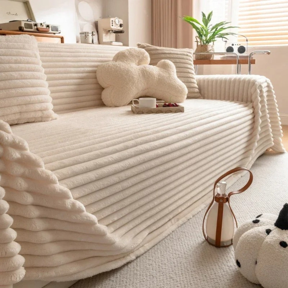 Plush Striped Quilted Sofa Cover