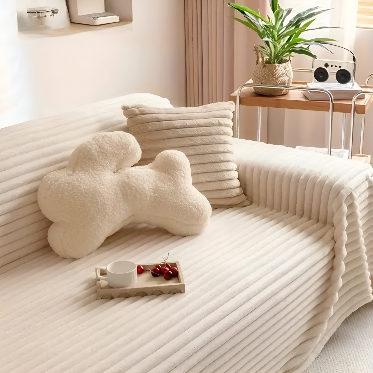Plush Striped Quilted Sofa Cover