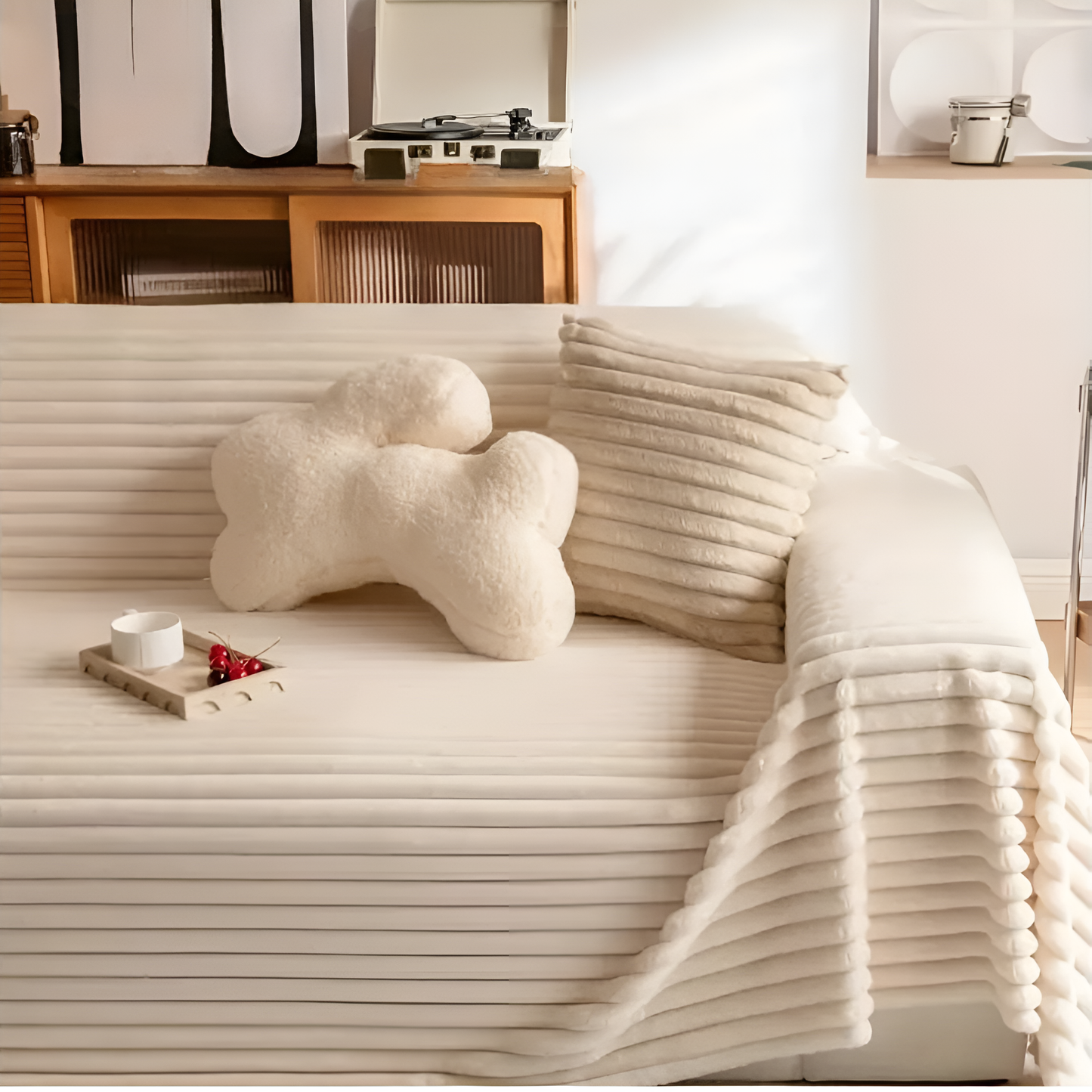 Plush Striped Quilted Sofa Cover