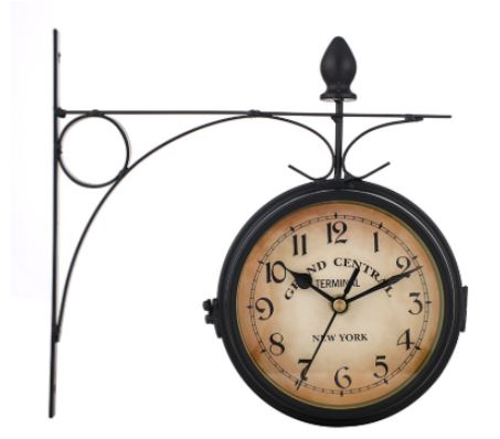Double-Sided Black Outdoor Clock with Grand Central Design