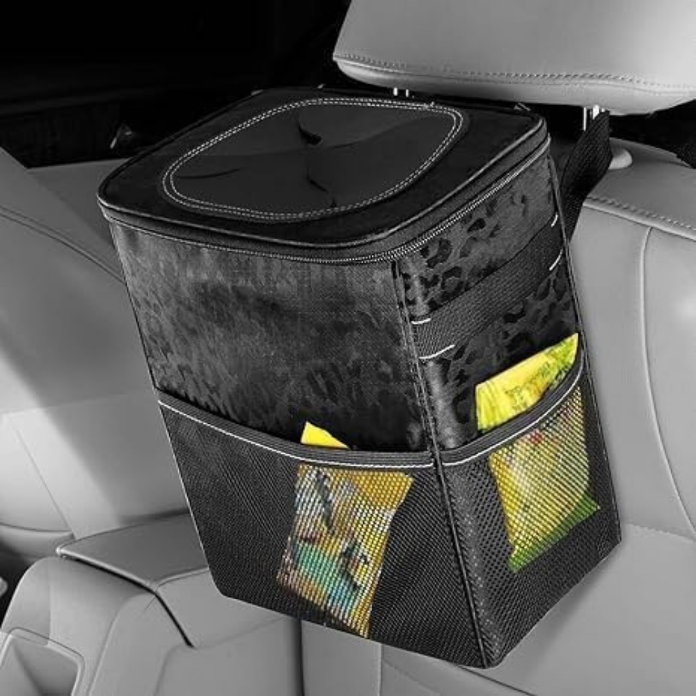 Leakproof Fabric Car Trash Can and Organizer with Adjustable Strap
