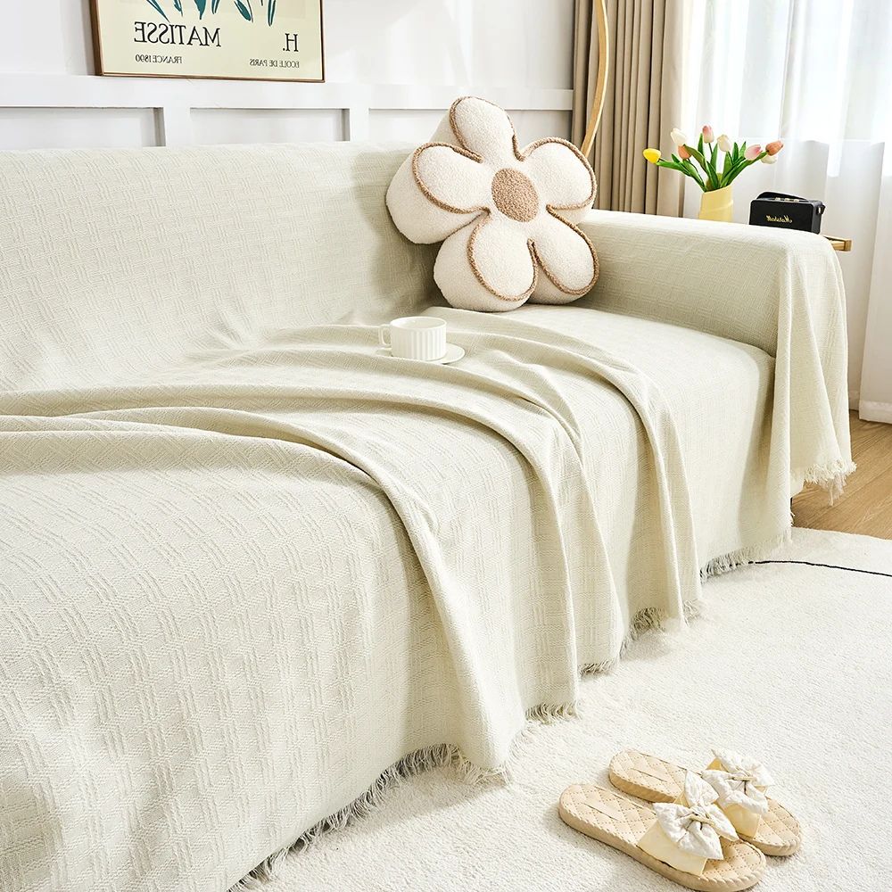 Quilted Geometric Microfiber Sofa Cover with Tassels