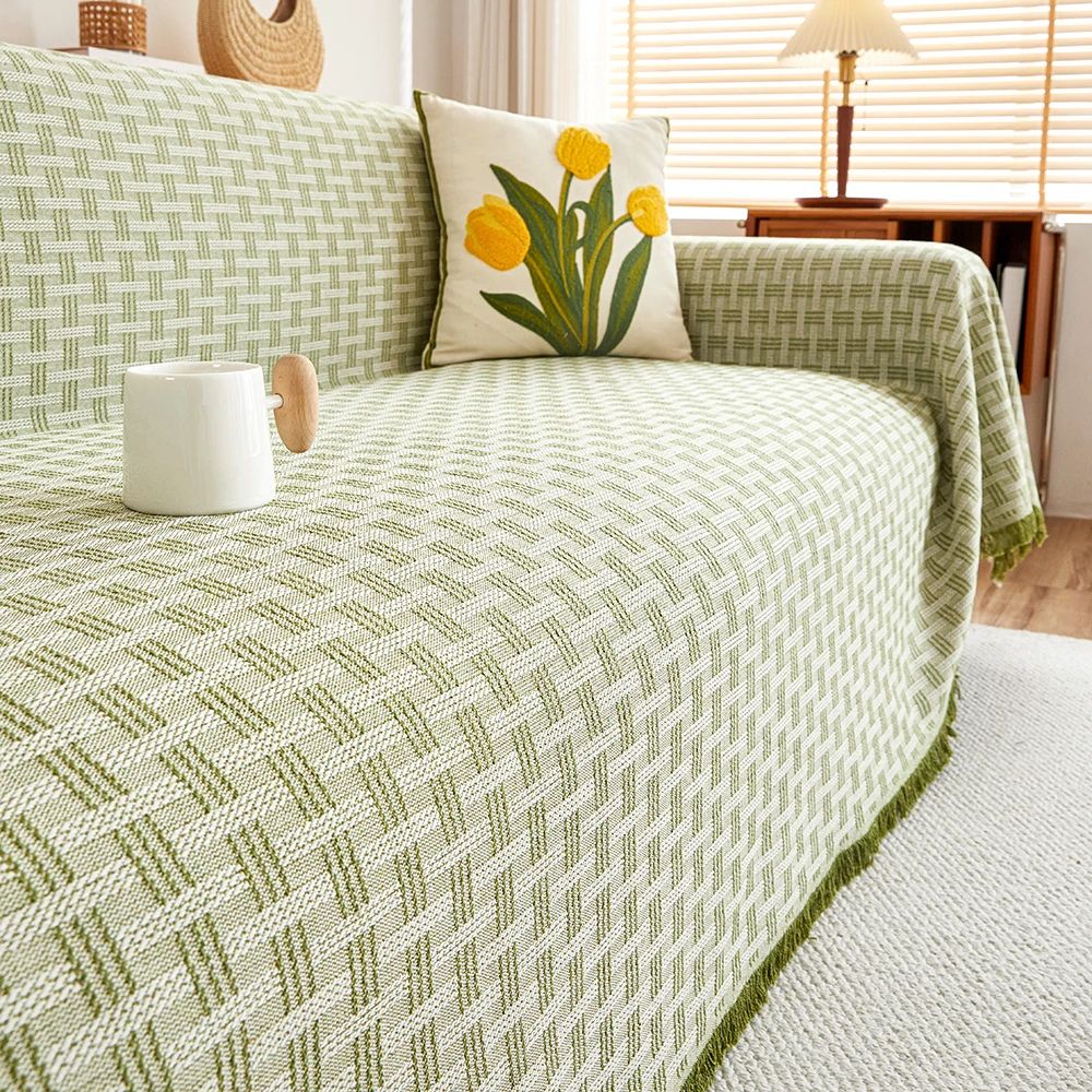 Quilted Geometric Microfiber Sofa Cover with Tassels