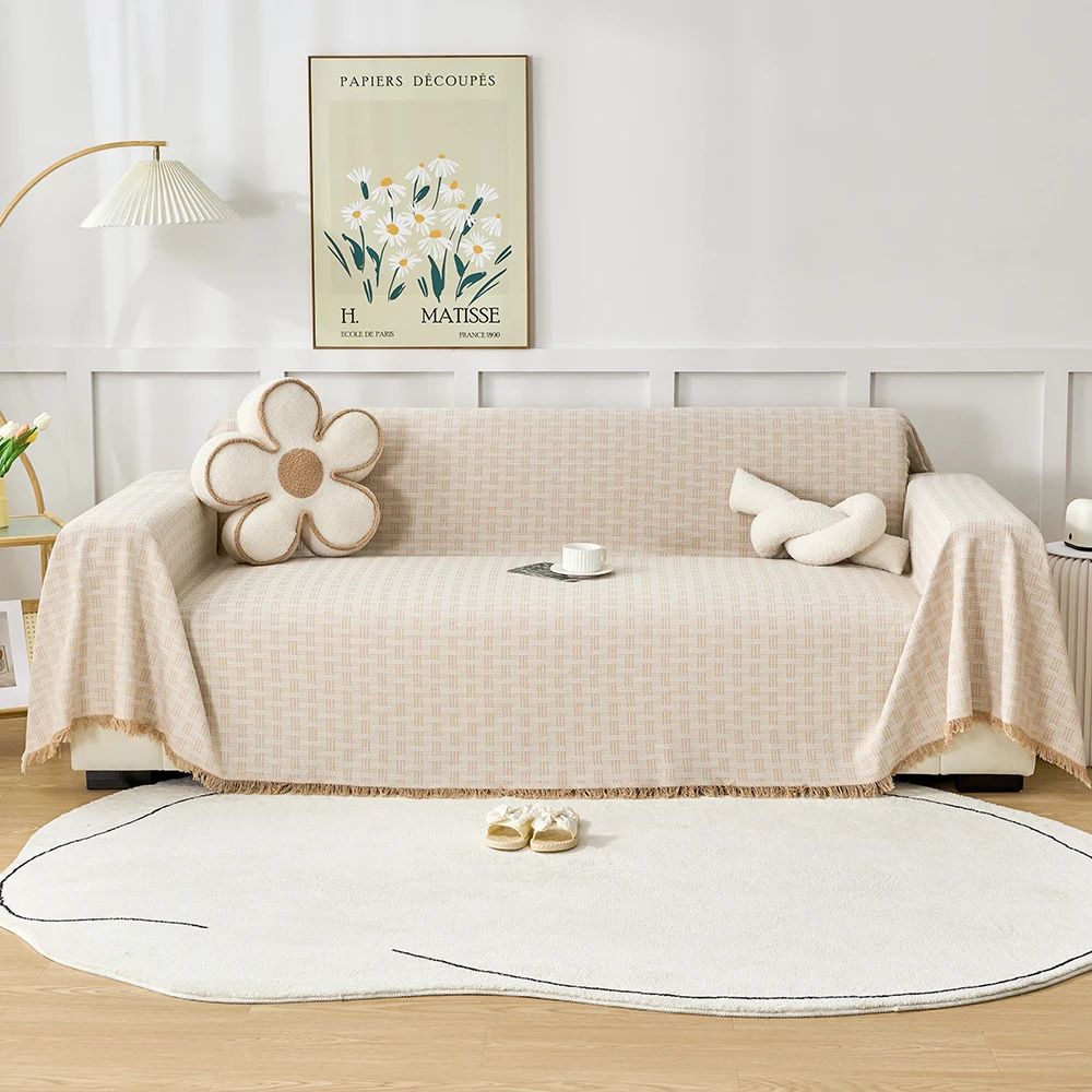Quilted Geometric Microfiber Sofa Cover with Tassels