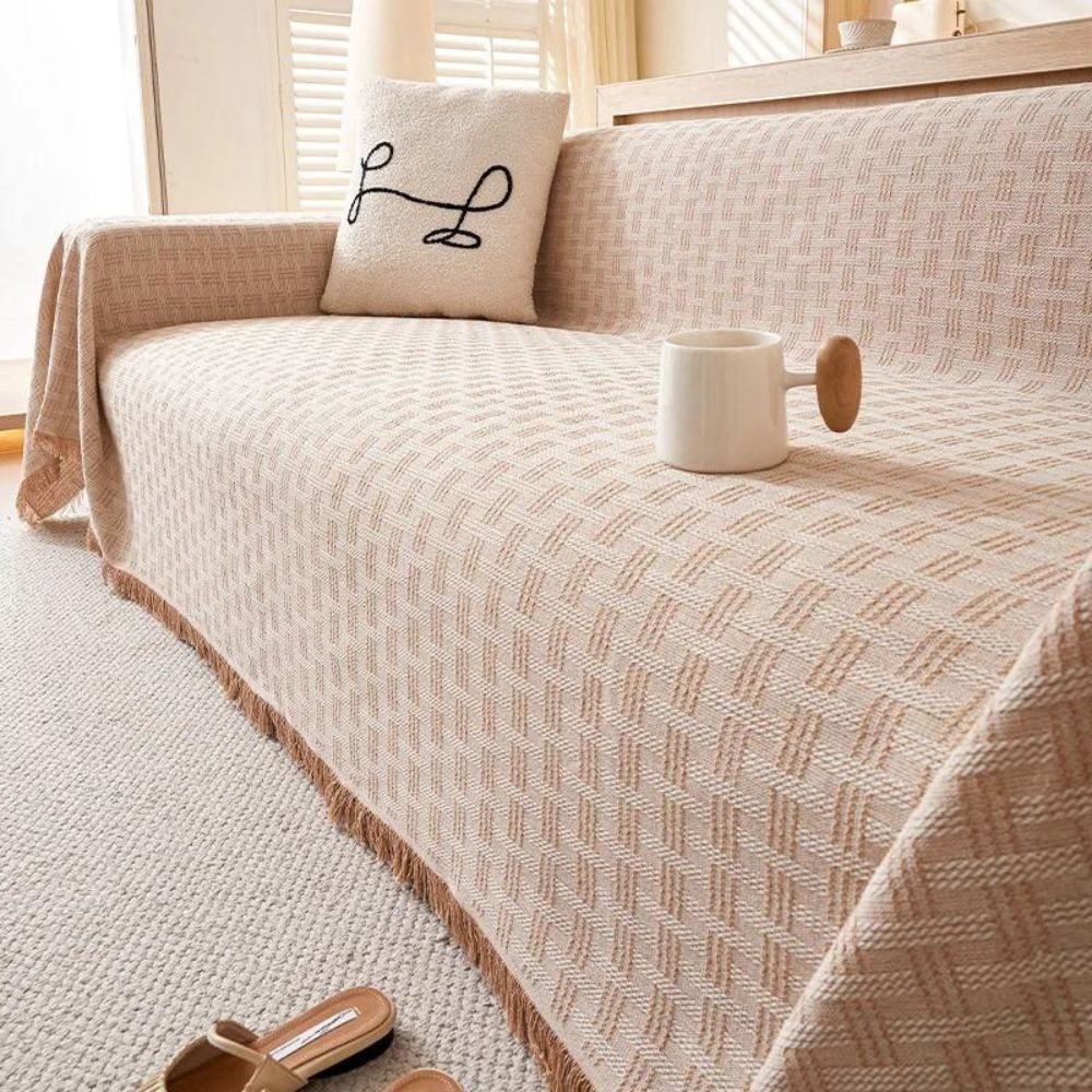 Quilted Geometric Microfiber Sofa Cover with Tassels
