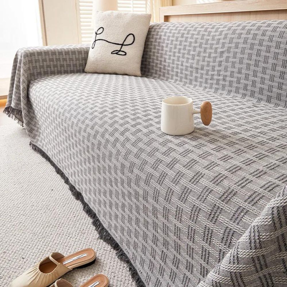 Quilted Geometric Microfiber Sofa Cover with Tassels
