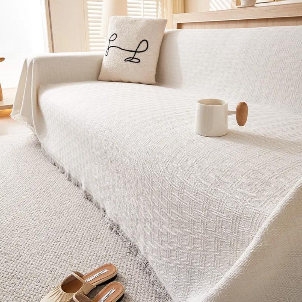 Quilted Geometric Microfiber Sofa Cover with Tassels
