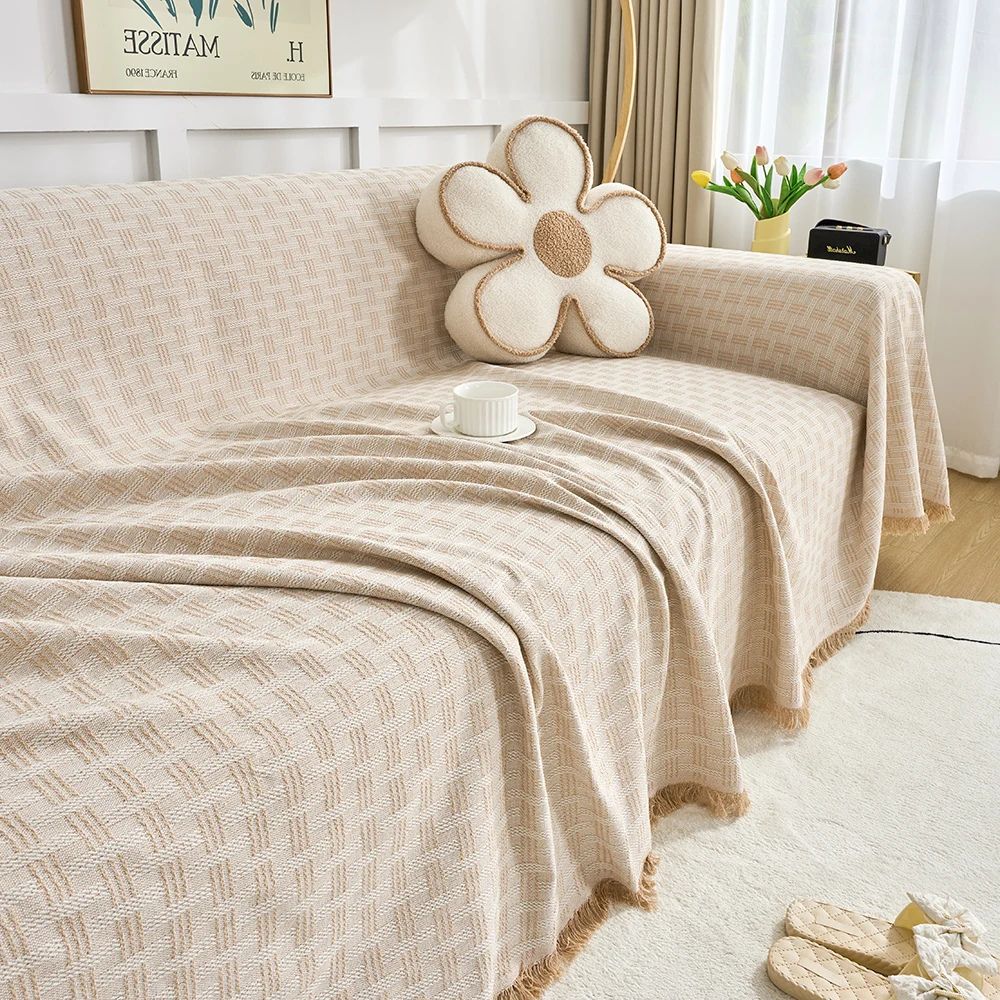 Quilted Geometric Microfiber Sofa Cover with Tassels