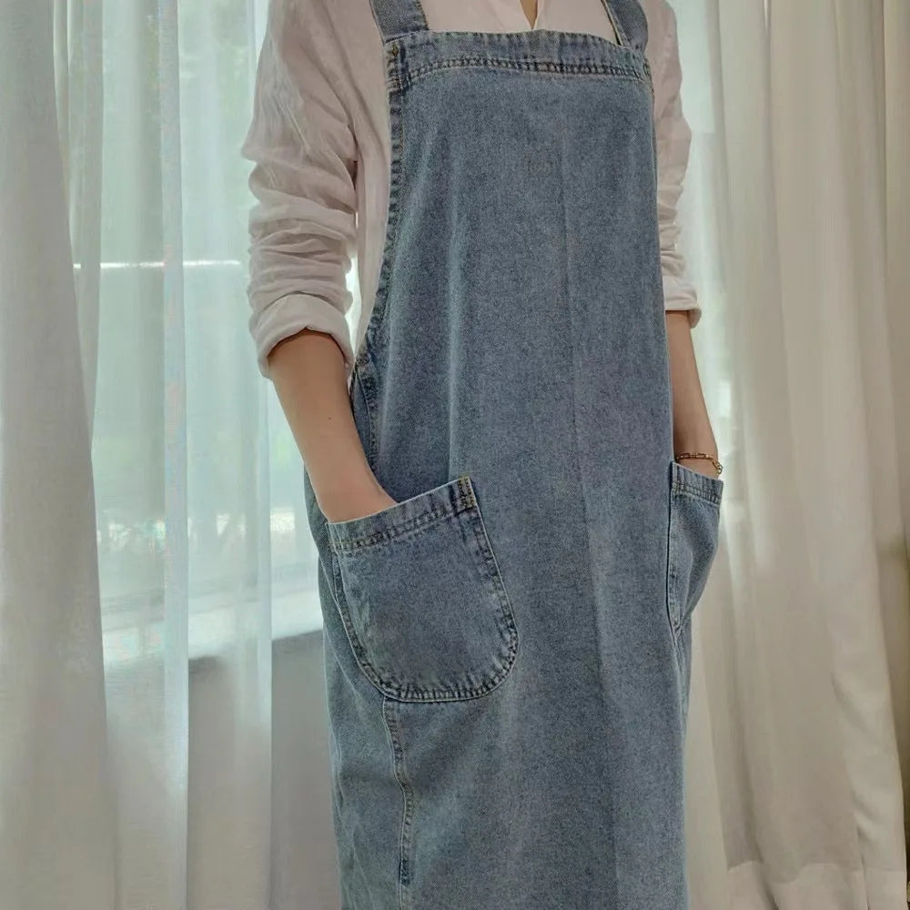 Denim Pocket Apron for Women - Casual Cotton Design