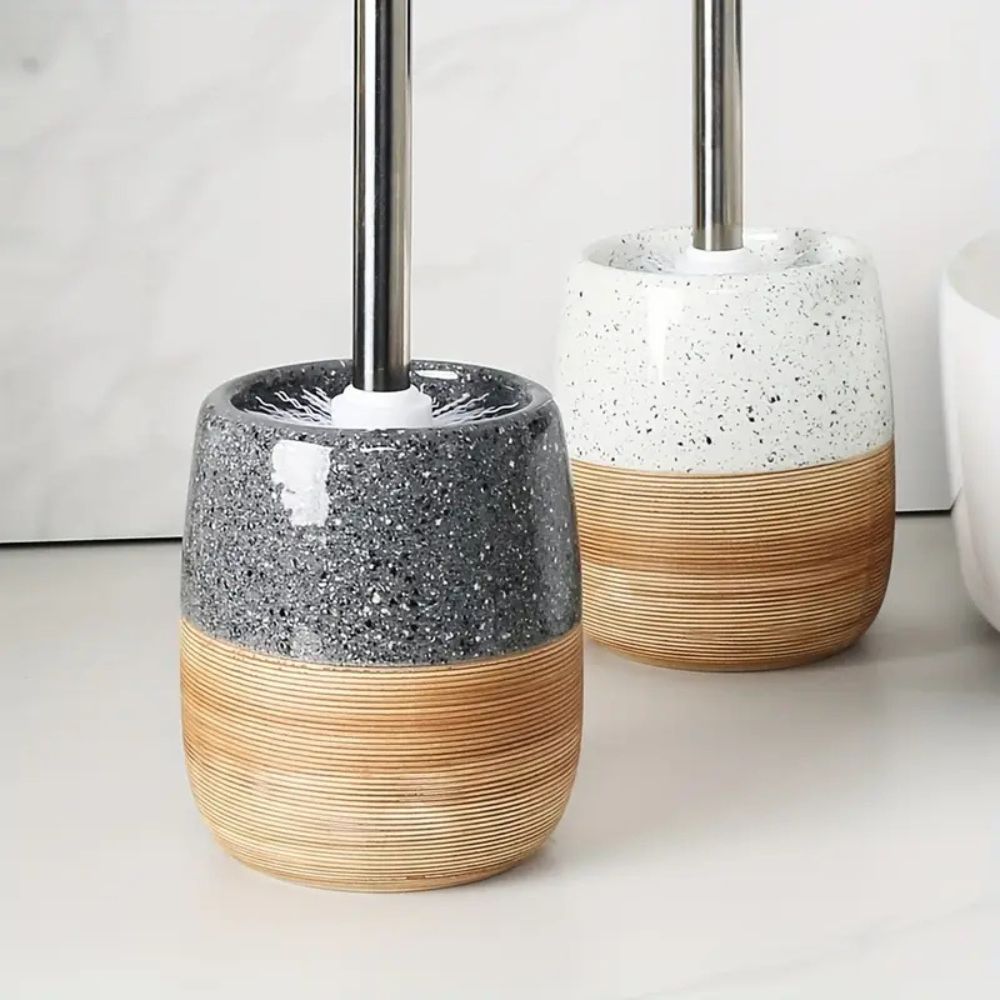 Ceramic Toilet Brush and Holder Set with Wood-Like Texture