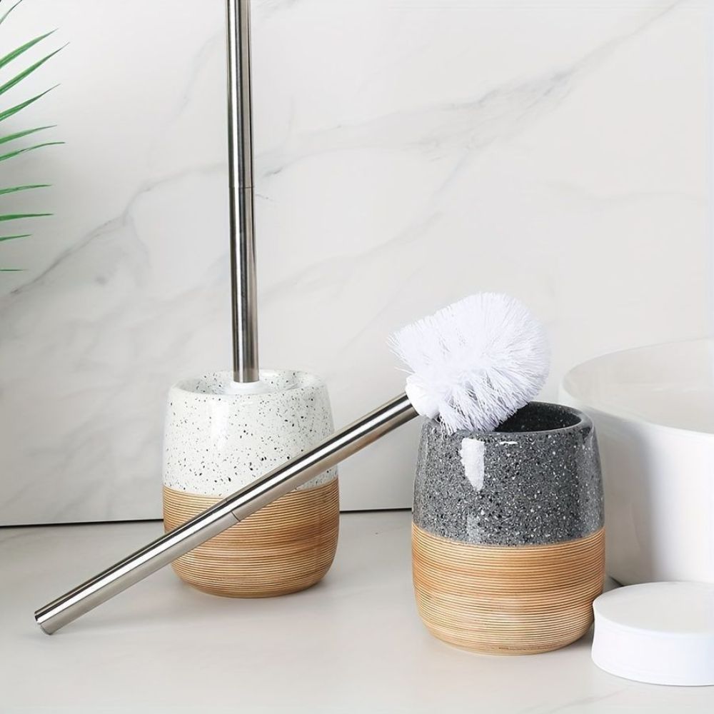 Ceramic Toilet Brush and Holder Set with Wood-Like Texture