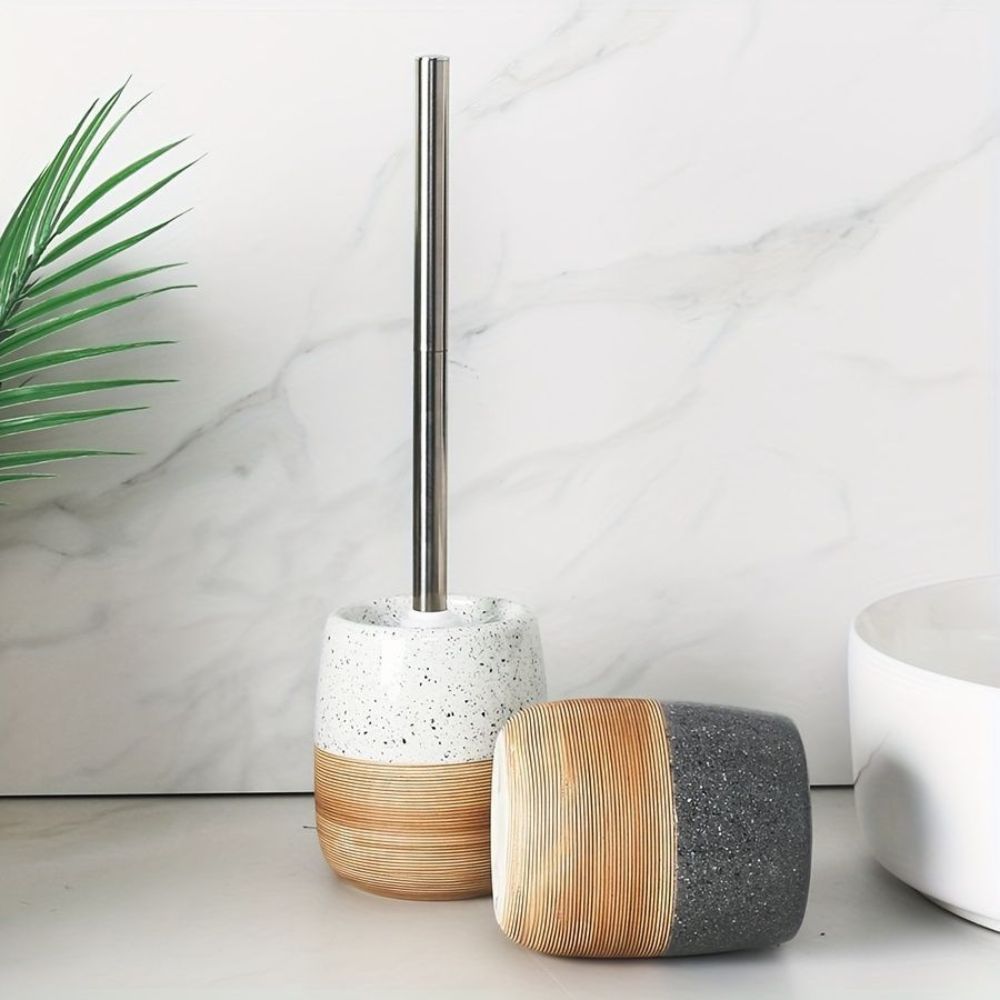 Ceramic Toilet Brush and Holder Set with Wood-Like Texture