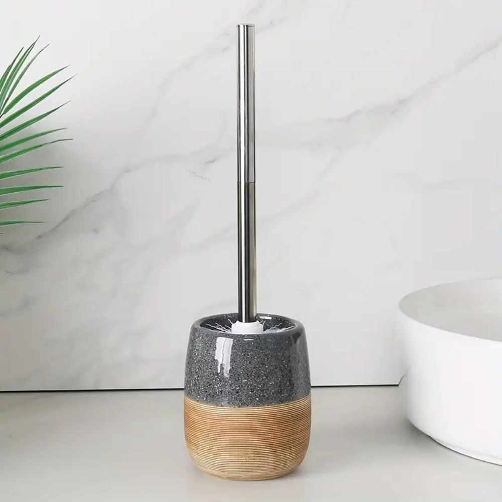 Ceramic Toilet Brush and Holder Set with Wood-Like Texture