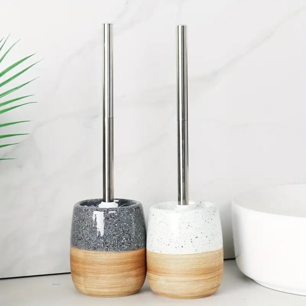 Ceramic Toilet Brush and Holder Set with Wood-Like Texture