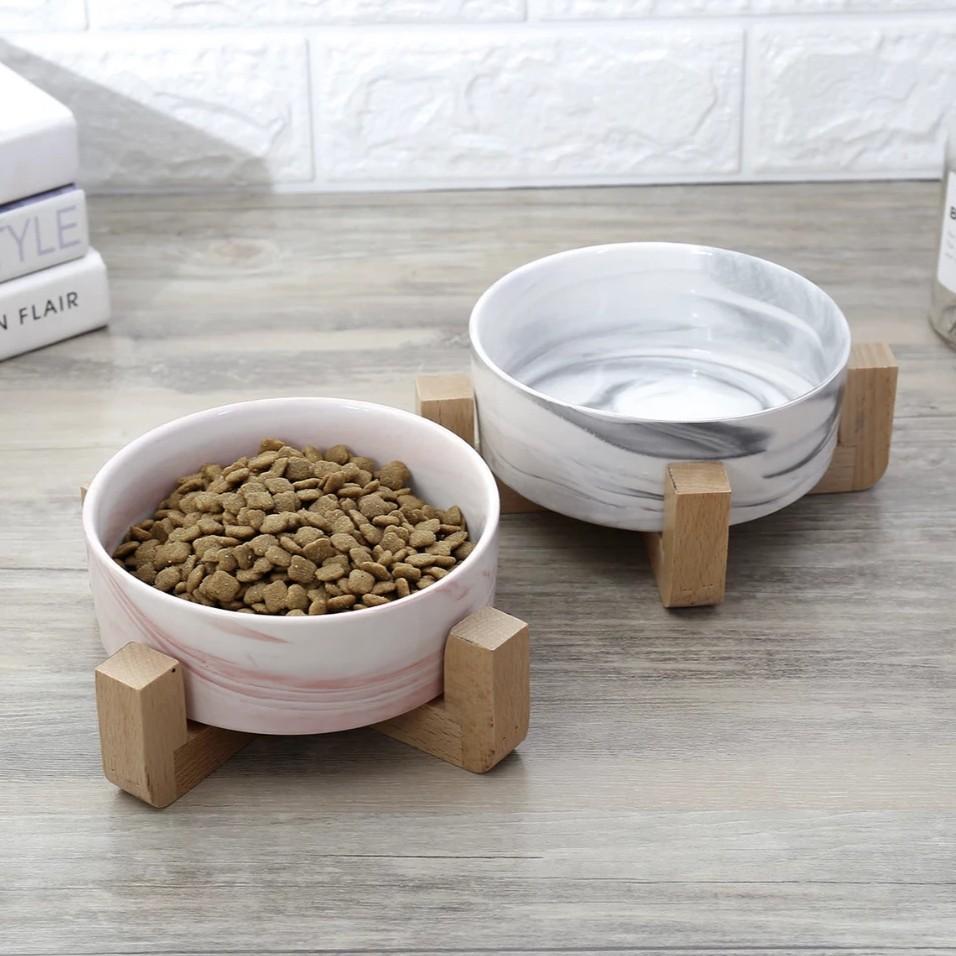 Ceramic Pet Feeding Bowl with Bamboo Base