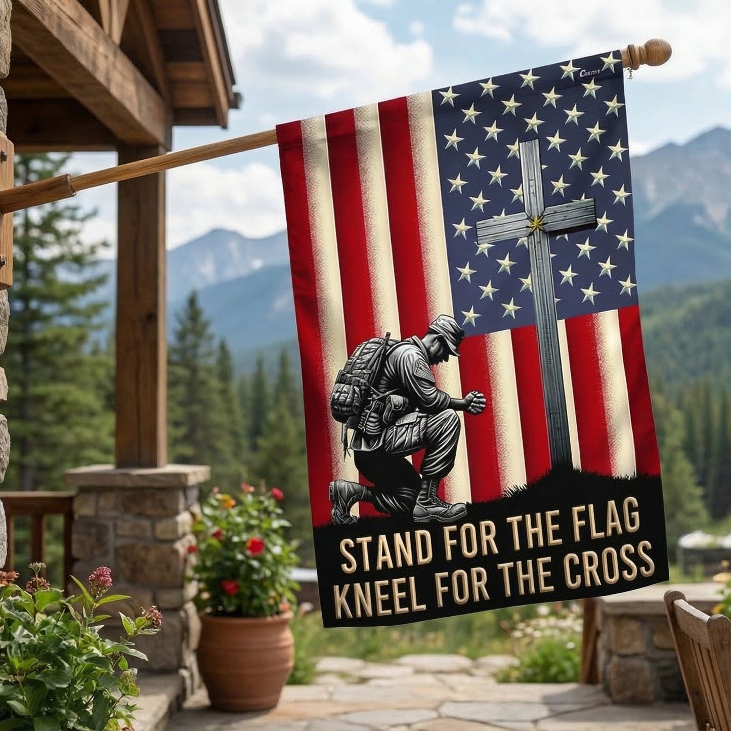 American Flag with Cross - Veteran Kneeling Christ Flag