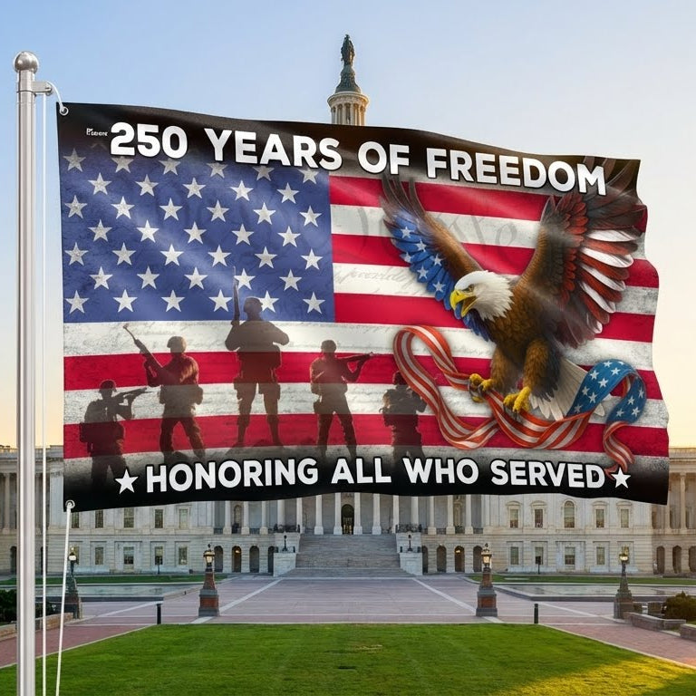 250 Years of Freedom Veterans Eagle Grommet Flag - Double-Sided Canvas