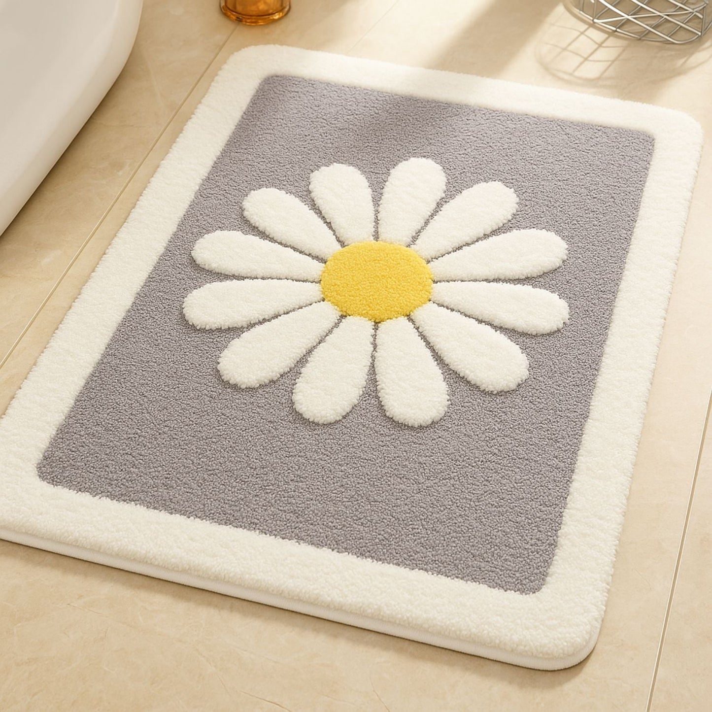 Plush Daisy Floral Bath Mat with Non-Slip Backing