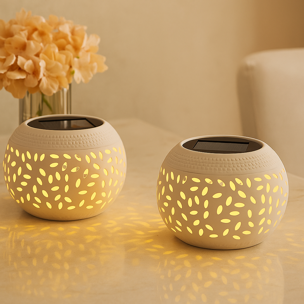 Solar-Powered Decorative Table Lamp with Hollow Cut Design