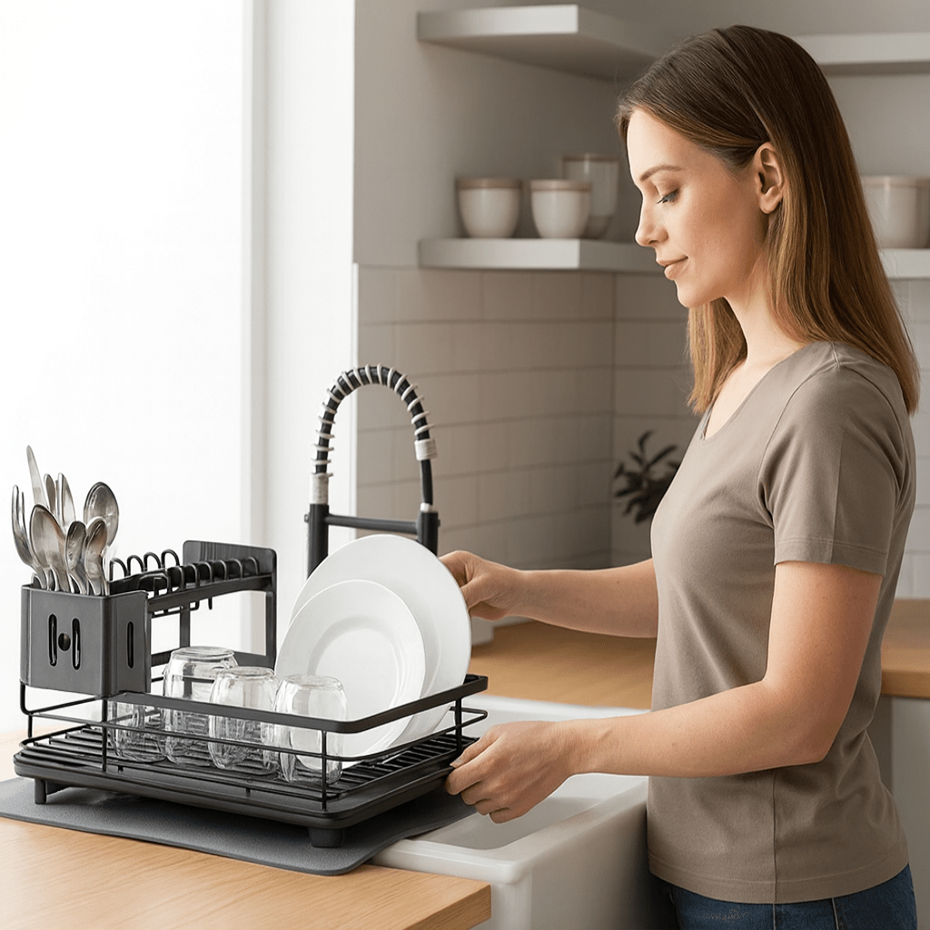 Foldable Stainless Steel Dish Rack with Cutlery Holder